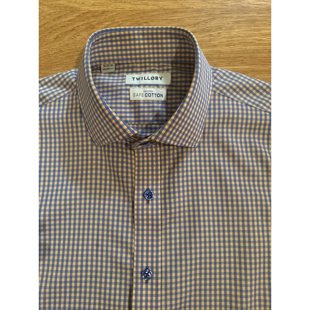 Twillory Shirt Mens 16-32/33 Blue/Orange Check Tailored Fit Non Iron Safe Cotton